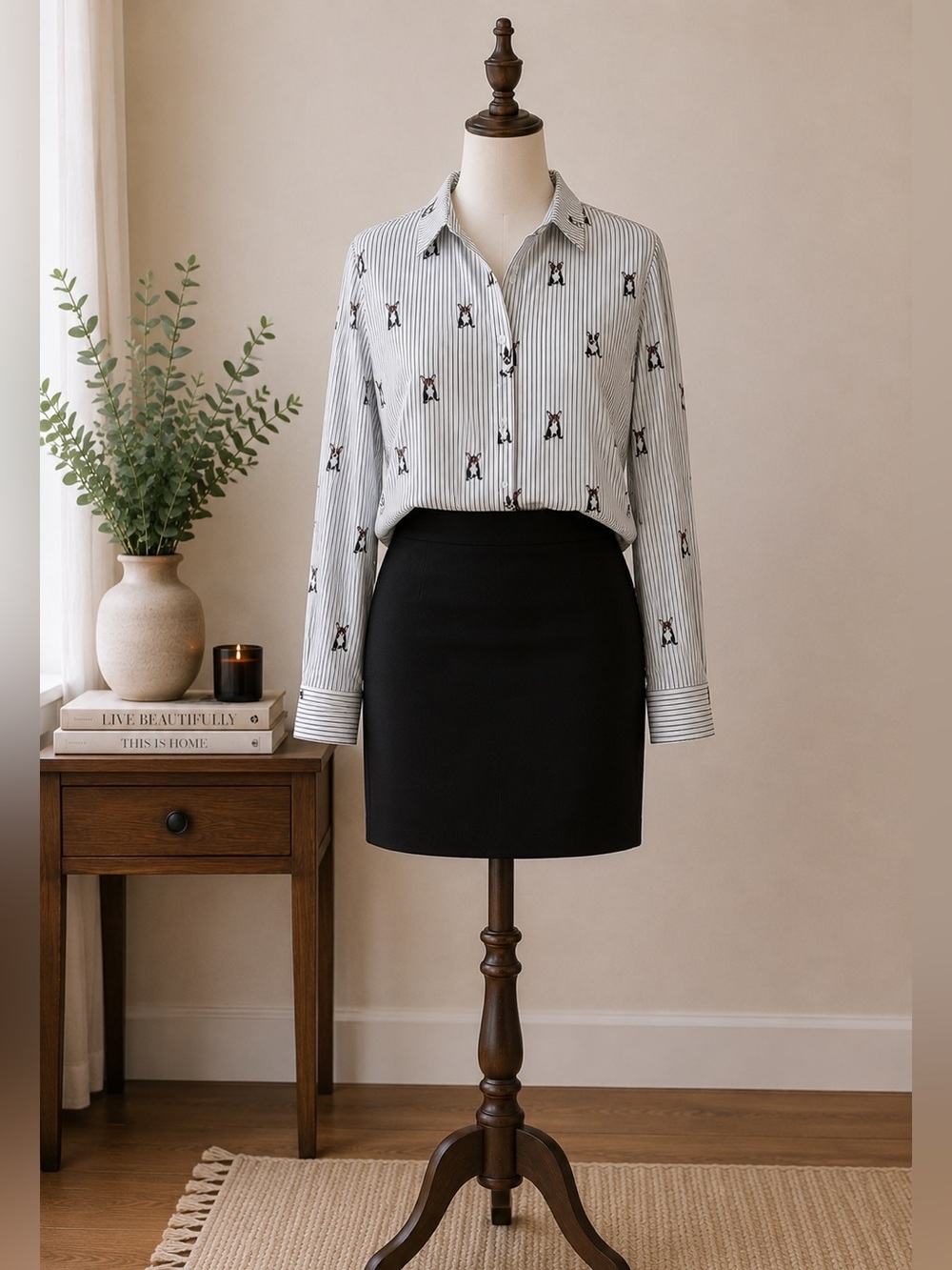 Preppy French Bulldog Print Striped Button Up Shirt Office Casual White Size S